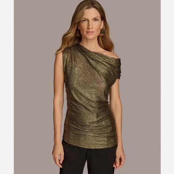 Donna Karan Women's Gold/Black Metallic Shiny Ruched One Shoulder Top Size L - Picture 3 of 7
